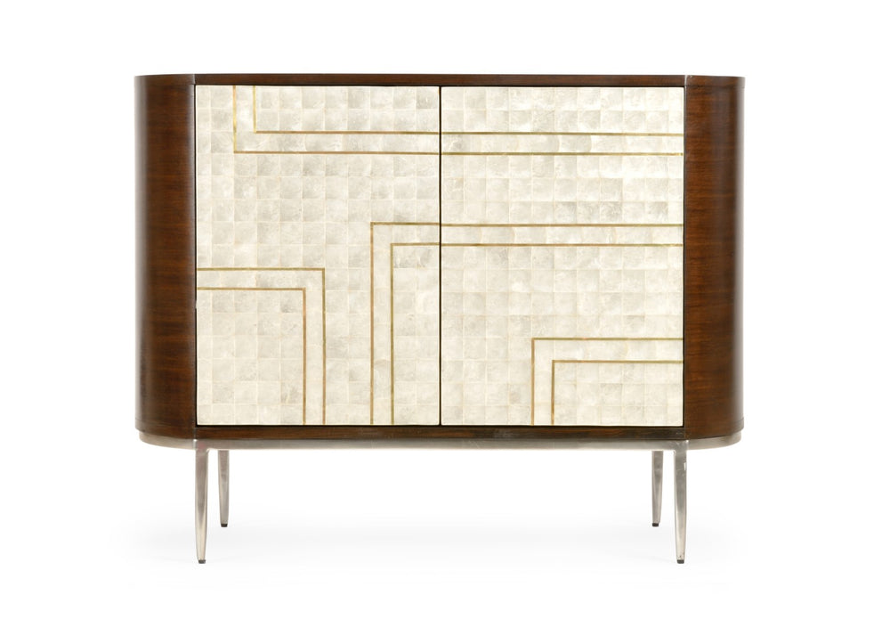 Wildwood Shelldon Mahogany Bar Cabinet With Capiz Shell Doors, Antique Brass Inlay, Stemware Racks & Bottle Storage 490571