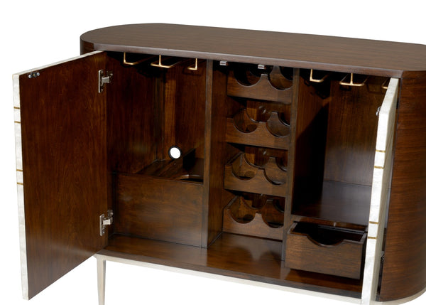 Wildwood Shelldon Mahogany Bar Cabinet With Capiz Shell Doors, Antique Brass Inlay, Stemware Racks & Bottle Storage 490571