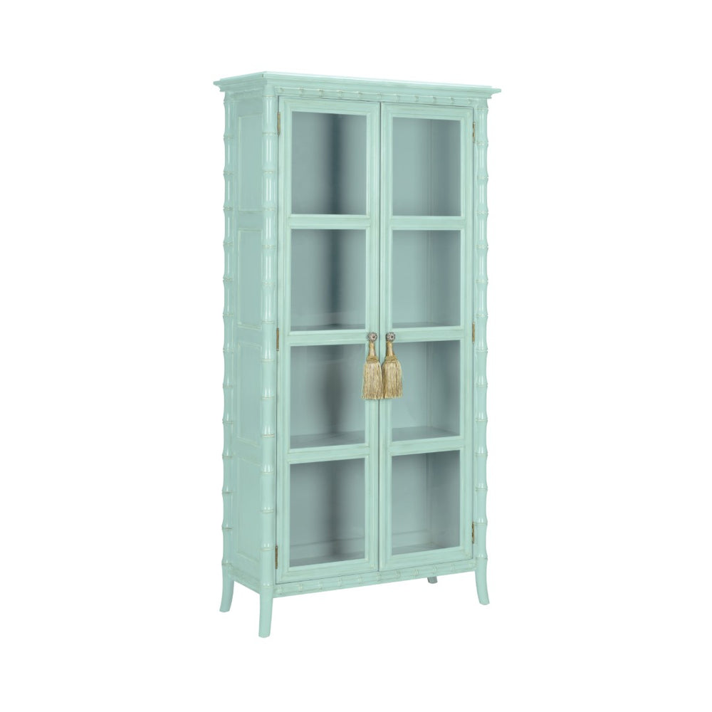 Wildwood Cape Coastal Linen Cabinet With Whitewashed Bamboo Finish, Glass Doors, Shelves & Gold Tassel Pulls 490576