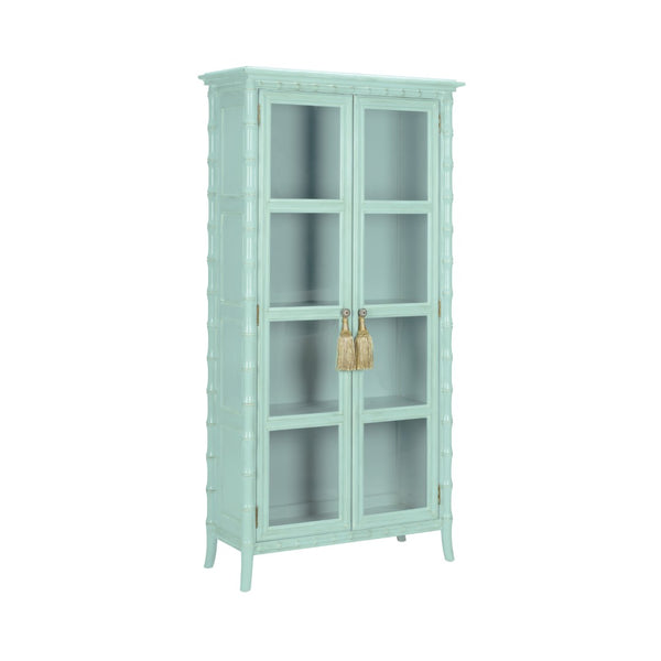 Wildwood Cape Coastal Linen Cabinet With Whitewashed Bamboo Finish, Glass Doors, Shelves & Gold Tassel Pulls 490576