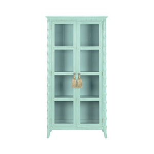 Wildwood Cape Coastal Linen Cabinet With Whitewashed Bamboo Finish, Glass Doors, Shelves & Gold Tassel Pulls 490576
