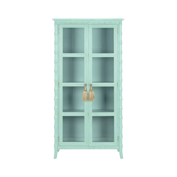 Wildwood Cape Coastal Linen Cabinet With Whitewashed Bamboo Finish, Glass Doors, Shelves & Gold Tassel Pulls 490576