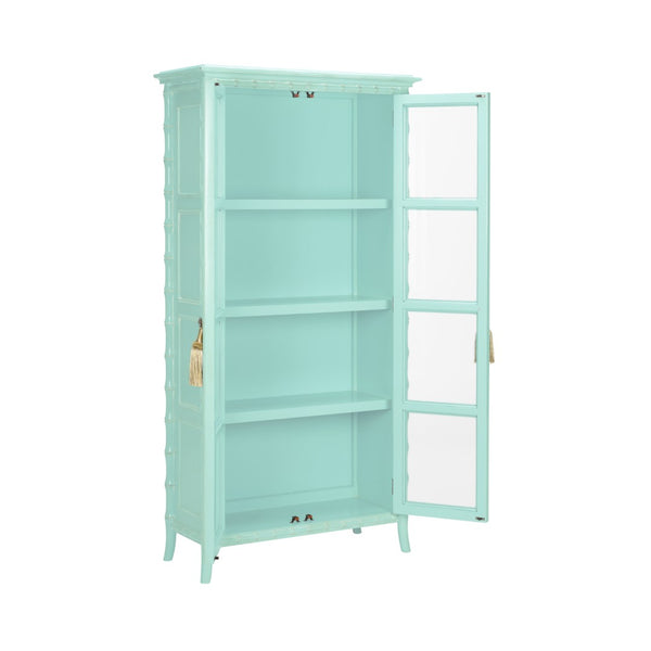 Wildwood Cape Coastal Linen Cabinet With Whitewashed Bamboo Finish, Glass Doors, Shelves & Gold Tassel Pulls 490576