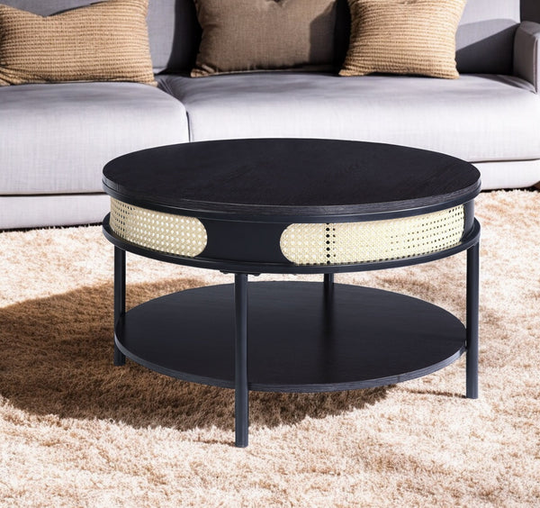 Homeroots 32" Black Wood And Metal Round Coffee Table With Shelf   490579