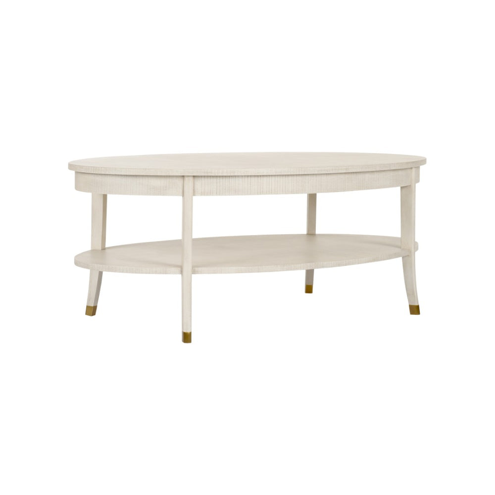 Wildwood Oaklee Cerused Oak Cocktail Table With Oval Top, Lower Shelf & Antique Brass Caps — Rustic-Modern Elegance 490583
