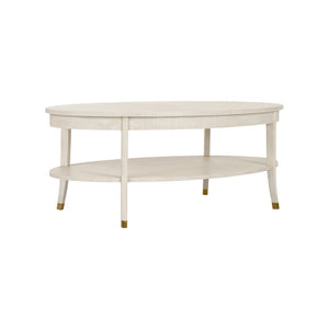 Wildwood Oaklee Cerused Oak Cocktail Table With Oval Top, Lower Shelf & Antique Brass Caps — Rustic-Modern Elegance 490583