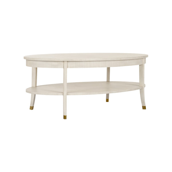 Wildwood Oaklee Cerused Oak Cocktail Table With Oval Top, Lower Shelf & Antique Brass Caps — Rustic-Modern Elegance 490583