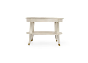 Wildwood Oaklee Cerused Oak Cocktail Table With Oval Top, Lower Shelf & Antique Brass Caps — Rustic-Modern Elegance 490583