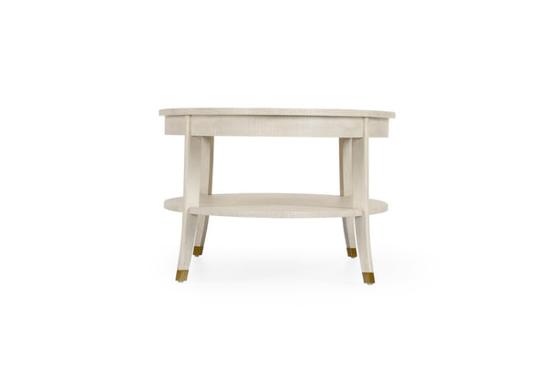 Wildwood Oaklee Cerused Oak Cocktail Table With Oval Top, Lower Shelf & Antique Brass Caps — Rustic-Modern Elegance 490583