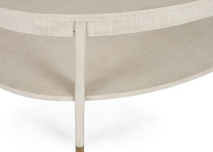 Wildwood Oaklee Cerused Oak Cocktail Table With Oval Top, Lower Shelf & Antique Brass Caps — Rustic-Modern Elegance 490583