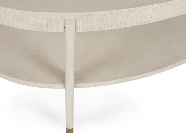 Wildwood Oaklee Cerused Oak Cocktail Table With Oval Top, Lower Shelf & Antique Brass Caps — Rustic-Modern Elegance 490583