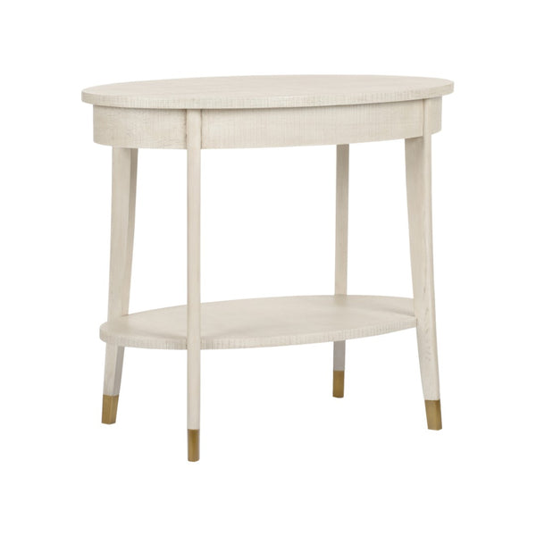 Wildwood Oaklee Hand-Finished Cerused Oak Side Table With Oval Silhouette, Lower Shelf & Antique Brass Caps 490585