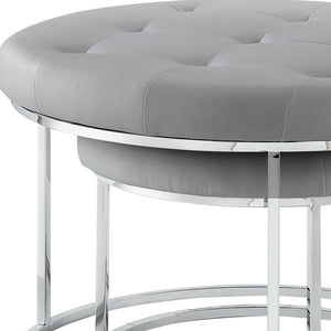 Homeroots Set Of Two Gray Faux Leather And Silver Tufted Round Ottomans Grey,Chrome,Leather Pu  490594