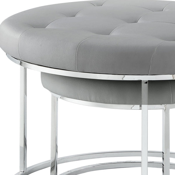 Homeroots Set Of Two Gray Faux Leather And Silver Tufted Round Ottomans Grey,Chrome,Leather Pu  490594