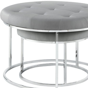 Homeroots Set Of Two Gray Faux Leather And Silver Tufted Round Ottomans Grey,Chrome,Leather Pu  490594