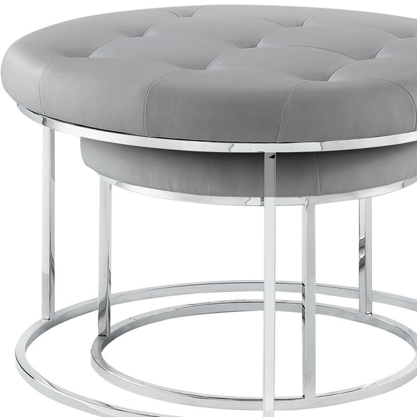 Homeroots Set Of Two Gray Faux Leather And Silver Tufted Round Ottomans Grey,Chrome,Leather Pu  490594
