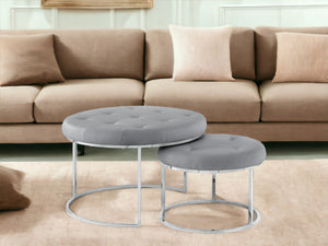 Homeroots Set Of Two Gray Faux Leather And Silver Tufted Round Ottomans Grey,Chrome,Leather Pu  490594