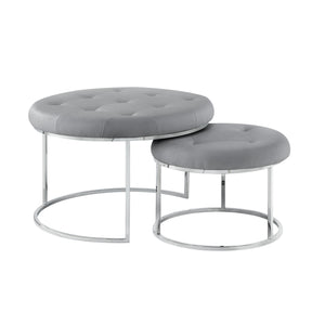 Homeroots Set Of Two Gray Faux Leather And Silver Tufted Round Ottomans Grey,Chrome,Leather Pu  490594