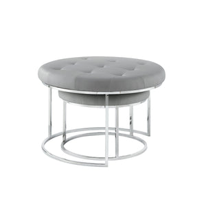 Homeroots Set Of Two Gray Faux Leather And Silver Tufted Round Ottomans Grey,Chrome,Leather Pu  490594
