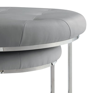 Homeroots Set Of Two Gray Faux Leather And Silver Tufted Round Ottomans Grey,Chrome,Leather Pu  490594