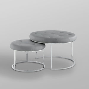 Homeroots Set Of Two Gray Faux Leather And Silver Tufted Round Ottomans Grey,Chrome,Leather Pu  490594