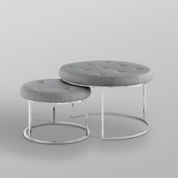 Homeroots Set Of Two Gray Faux Leather And Silver Tufted Round Ottomans Grey,Chrome,Leather Pu  490594
