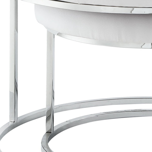 Homeroots Set Of Two White Faux Leather And Silver Tufted Round Ottomans White,Chrome,Leather Pu  490595