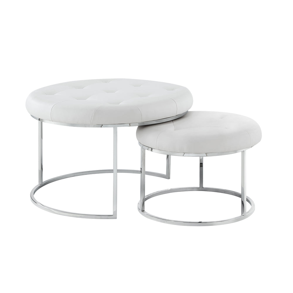 Homeroots Set Of Two White Faux Leather And Silver Tufted Round Ottomans White,Chrome,Leather Pu  490595