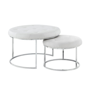 Homeroots Set Of Two White Faux Leather And Silver Tufted Round Ottomans White,Chrome,Leather Pu  490595