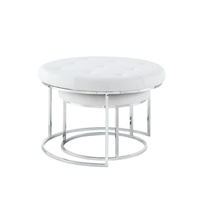 Homeroots Set Of Two White Faux Leather And Silver Tufted Round Ottomans White,Chrome,Leather Pu  490595