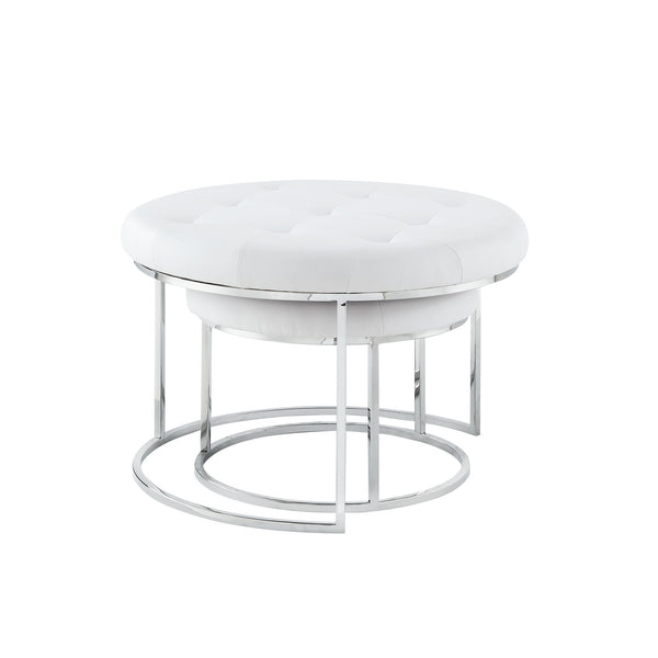 Homeroots Set Of Two White Faux Leather And Silver Tufted Round Ottomans White,Chrome,Leather Pu  490595