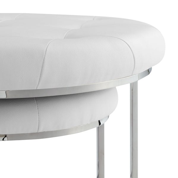 Homeroots Set Of Two White Faux Leather And Silver Tufted Round Ottomans White,Chrome,Leather Pu  490595