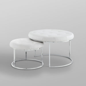 Homeroots Set Of Two White Faux Leather And Silver Tufted Round Ottomans White,Chrome,Leather Pu  490595