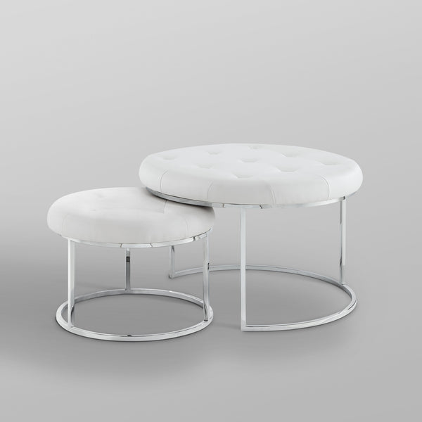 Homeroots Set Of Two White Faux Leather And Silver Tufted Round Ottomans White,Chrome,Leather Pu  490595