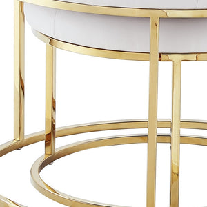 Homeroots Set Of Two White Faux Leather And Gold Tufted Round Ottomans White,Gold,Leather Pu  490596