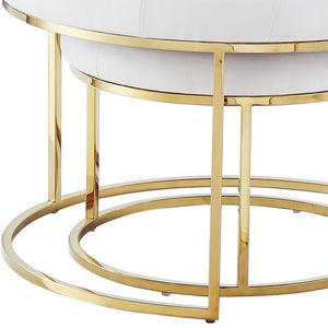 Homeroots Set Of Two White Faux Leather And Gold Tufted Round Ottomans White,Gold,Leather Pu  490596