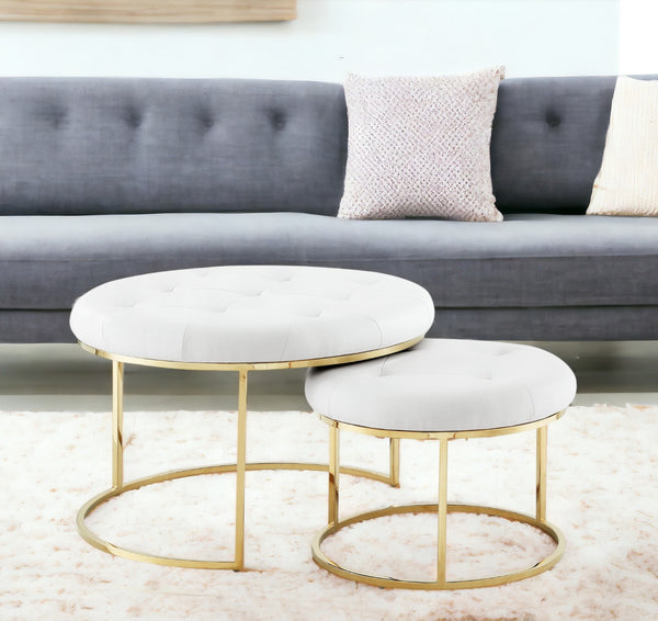 Homeroots Set Of Two White Faux Leather And Gold Tufted Round Ottomans White,Gold,Leather Pu  490596