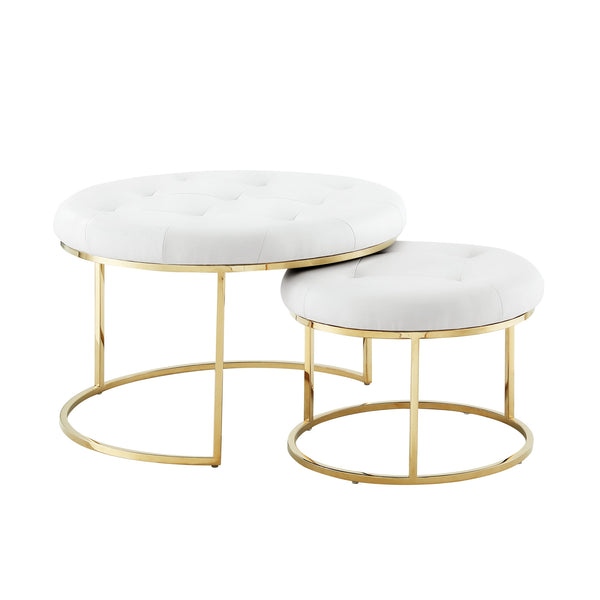 Homeroots Set Of Two White Faux Leather And Gold Tufted Round Ottomans White,Gold,Leather Pu  490596