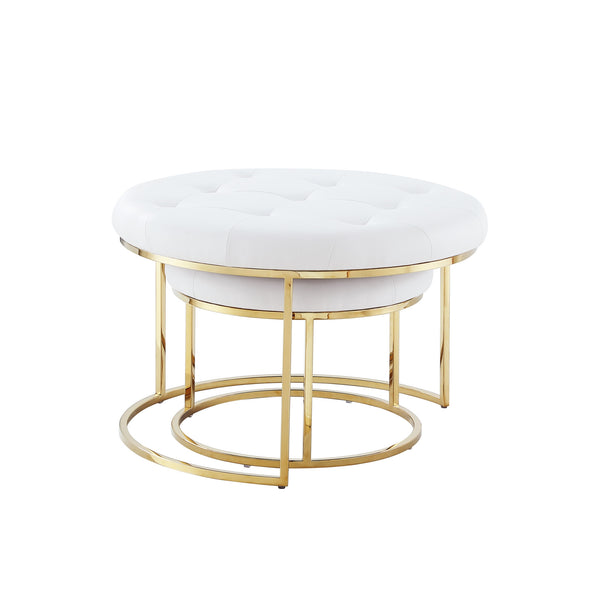 Homeroots Set Of Two White Faux Leather And Gold Tufted Round Ottomans White,Gold,Leather Pu  490596