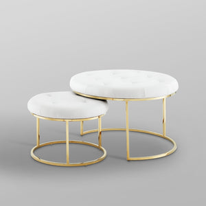 Homeroots Set Of Two White Faux Leather And Gold Tufted Round Ottomans White,Gold,Leather Pu  490596