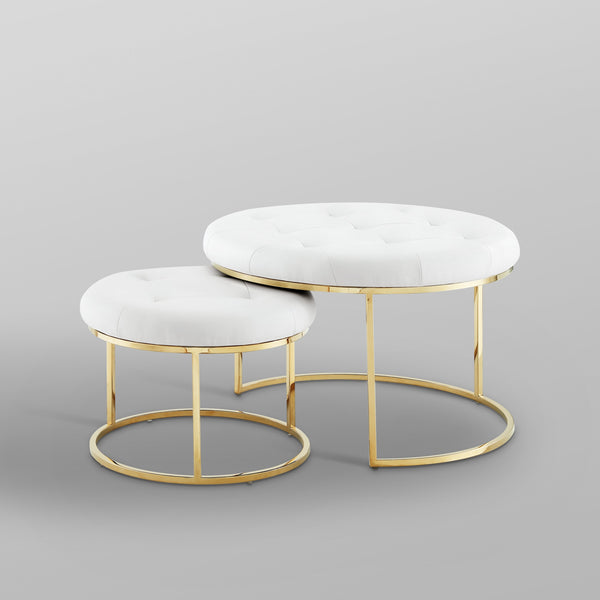 Homeroots Set Of Two White Faux Leather And Gold Tufted Round Ottomans White,Gold,Leather Pu  490596