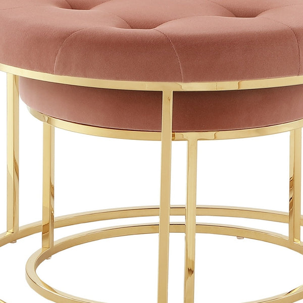Homeroots Set Of Two Blush Velvet And Gold Tufted Round Ottoman Blush,Gold,Velvet  490597