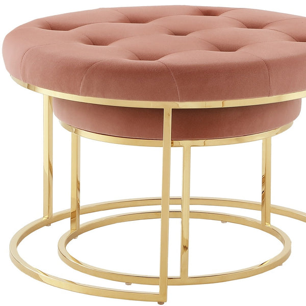 Homeroots Set Of Two Blush Velvet And Gold Tufted Round Ottoman Blush,Gold,Velvet  490597