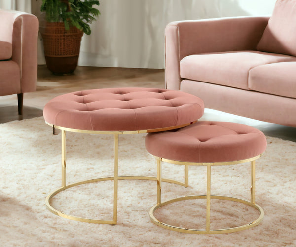 Homeroots Set Of Two Blush Velvet And Gold Tufted Round Ottoman Blush,Gold,Velvet  490597