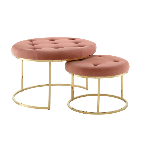 Homeroots Set Of Two Blush Velvet And Gold Tufted Round Ottoman Blush,Gold,Velvet  490597