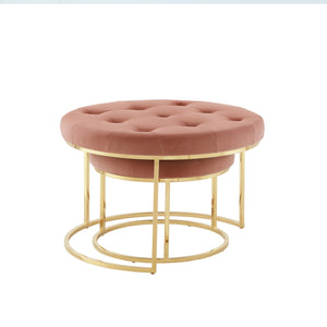 Homeroots Set Of Two Blush Velvet And Gold Tufted Round Ottoman Blush,Gold,Velvet  490597