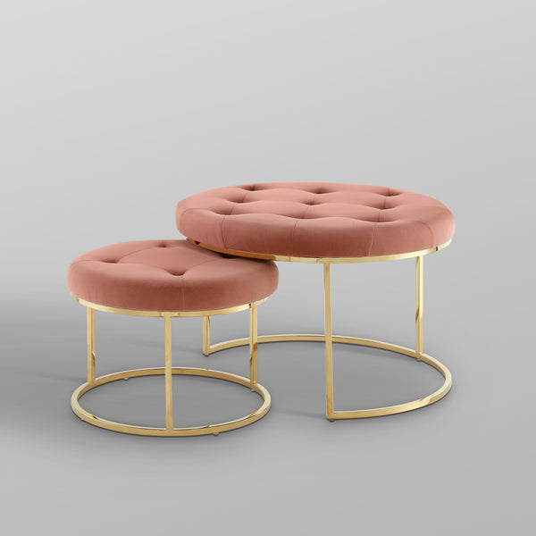 Homeroots Set Of Two Blush Velvet And Gold Tufted Round Ottoman Blush,Gold,Velvet  490597
