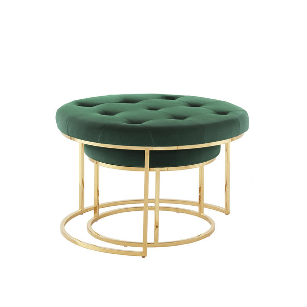 Homeroots Set Of Two Green Velvet And Gold Tufted Round Ottomans Green,Gold,Velvet  490598