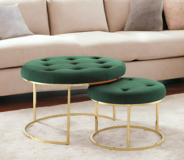 Homeroots Set Of Two Green Velvet And Gold Tufted Round Ottomans Green,Gold,Velvet  490598
