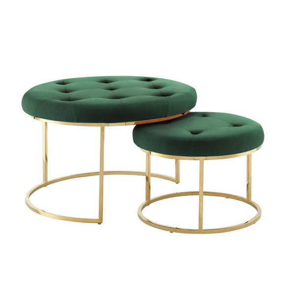 Homeroots Set Of Two Green Velvet And Gold Tufted Round Ottomans Green,Gold,Velvet  490598